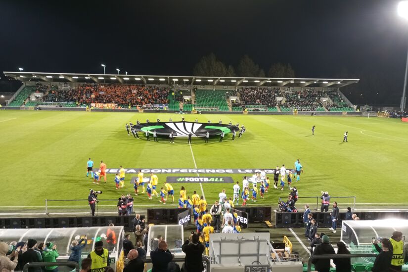 Shamrock Rovers and APOEL players take the field ahead of their UEFA Conference League opener in Tallaght.