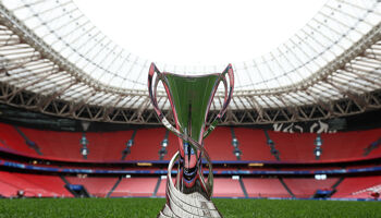 A detailed view of the Women's Champions League cup prior to the UEFA Women's Champions League 2023/24 Final match between FC Barcelona and Olympique Lyonnais at San Mames Stadium on May 23, 2024 in Bilbao, Spain.