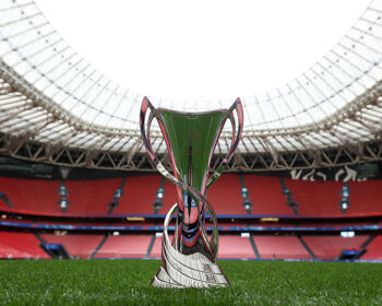 A detailed view of the Women's Champions League cup prior to the UEFA Women's Champions League 2023/24 Final match between FC Barcelona and Olympique Lyonnais at San Mames Stadium on May 23, 2024 in Bilbao, Spain.