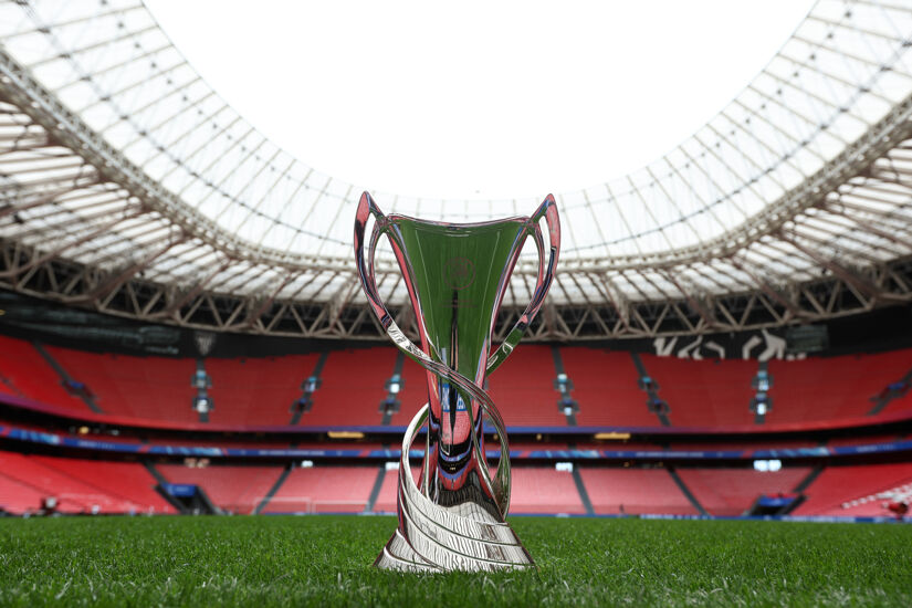 A detailed view of the Women's Champions League cup prior to the UEFA Women's Champions League 2023/24 Final match between FC Barcelona and Olympique Lyonnais at San Mames Stadium on May 23, 2024 in Bilbao, Spain.