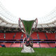 A detailed view of the Women's Champions League cup prior to the UEFA Women's Champions League 2023/24 Final match between FC Barcelona and Olympique Lyonnais at San Mames Stadium on May 23, 2024 in Bilbao, Spain.