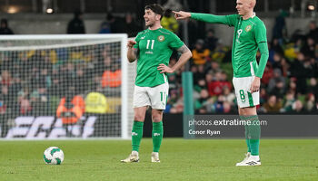 Will Smallbone and Robbie Brady of Republic of Ireland stand over a free kick