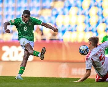 Romeo Akachukwu of Republic of Ireland scores his side's third goal during the UEFA European Under-17 Championship Finals 2023 Group A match between Republic of Ireland and Wales in the Pancho Arena on May 20, 2023 in Felcsút, Hungary.