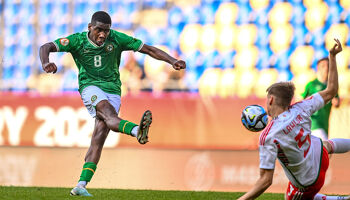 Romeo Akachukwu of Republic of Ireland scores his side's third goal during the UEFA European Under-17 Championship Finals 2023 Group A match between Republic of Ireland and Wales in the Pancho Arena on May 20, 2023 in Felcsút, Hungary.