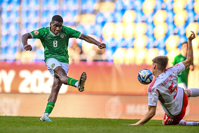 Romeo Akachukwu of Republic of Ireland scores his side's third goal during the UEFA European Under-17 Championship Finals 2023 Group A match between Republic of Ireland and Wales in the Pancho Arena on May 20, 2023 in Felcsút, Hungary.