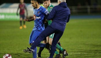 Waterford's Bastien Héry clashes with Cork City boss John Caulfield during the SSE Airtricity League Premier Division game between Waterford FC and Cork City in April 2018