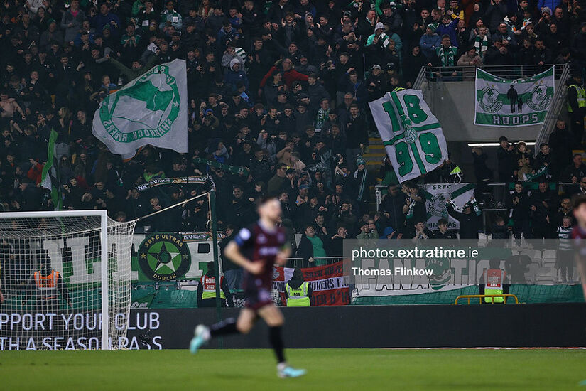 Shamrock Rovers FC supporters celebrate their side's second goal of the match during the SSE Airtricity Men's Premier Division match between Shamrock Rovers FC and Bohemian FC at Tallaght Stadium, Dublin on March 29, 2024