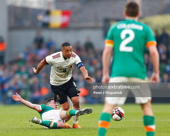 Republic of Ireland versus Belgium; Josh Cullen of Ireland tackles the ball away from Youri Tielemans of Belgium
