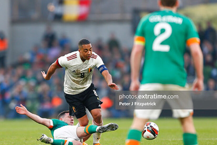 Republic of Ireland versus Belgium; Josh Cullen of Ireland tackles the ball away from Youri Tielemans of Belgium
