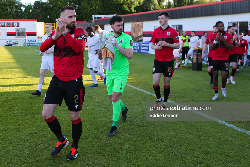 Longford Town captain Shane Elworthy applauds the home fans at Bishopsgate