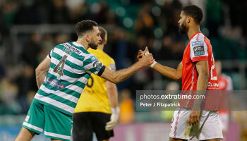 Roberto Lopes of Shamrock Rovers and Noah Lewis of St Patrick's Athletic after the full time whistle last Friday