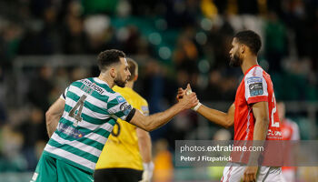 Roberto Lopes of Shamrock Rovers and Noah Lewis of St Patrick's Athletic after the full time whistle last Friday