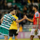 Roberto Lopes of Shamrock Rovers and Noah Lewis of St Patrick's Athletic after the full time whistle last Friday