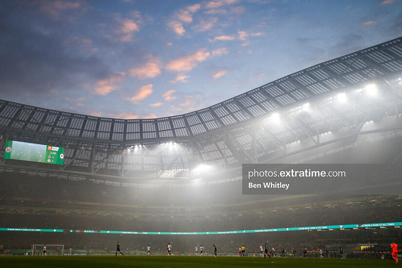 A view of play during the FAI Cup Final between St Patricks Athletic and Bohemians at the Aviva Stadium, Dublin, Republic of Ireland on 28 November 2021.