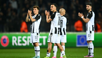 PAOK Salonika players applaud fans after the UEFA Conference League Quarter Final Leg Two match between PAOK Saloniki and Olympique Marseille at Toumba Stadium on April 14, 2022 in Thessaloniki, Greece.