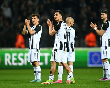 PAOK Salonika players applaud fans after the UEFA Conference League Quarter Final Leg Two match between PAOK Saloniki and Olympique Marseille at Toumba Stadium on April 14, 2022 in Thessaloniki, Greece.