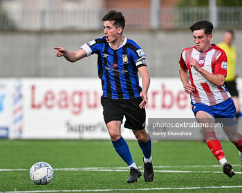 Athlone Town's, Oisin Duffy (left) with Treaty United's, Colin Conroy, during the Athlone Town v Treaty Utd, SSE Airtricity League of Ireland, First Division game at Athlone Town Stadium in August 2022