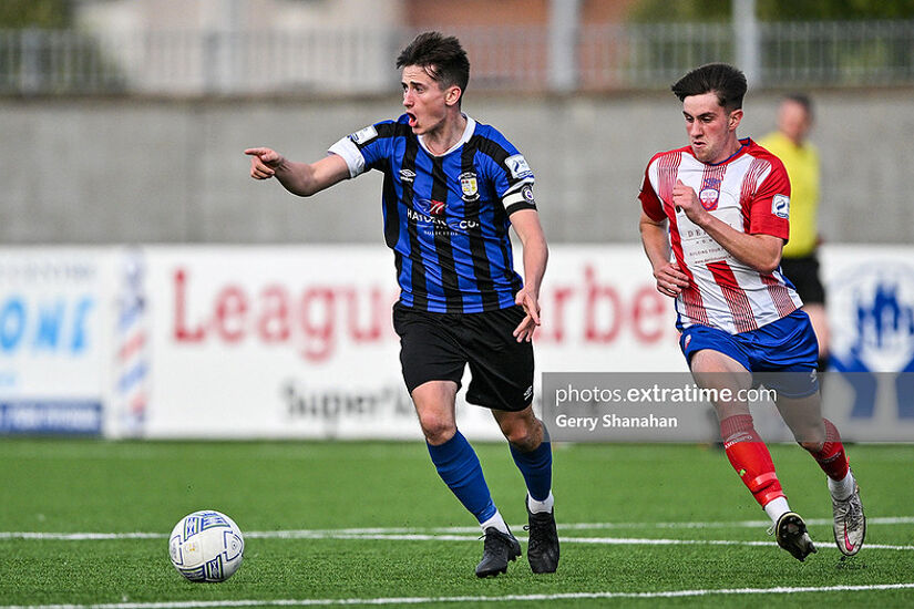 Athlone Town's, Oisin Duffy (left) with Treaty United's, Colin Conroy, during the Athlone Town v Treaty Utd, SSE Airtricity League of Ireland, First Division game at Athlone Town Stadium in August 2022