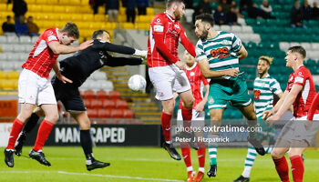 Shamrock Rovers' Pico Lopes heads the ball in the 3-1 home win for the Hoops last May