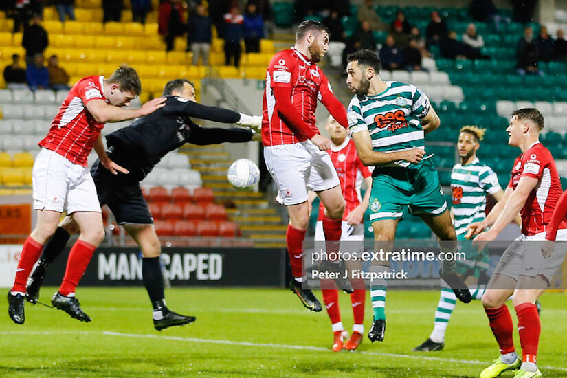 Shamrock Rovers' Pico Lopes heads the ball in the 3-1 home win for the Hoops last May