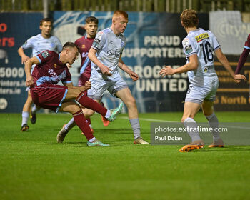 Dayle Rooney gets a shot in against Shelbourne earlier this month when lining out for Drogheda United