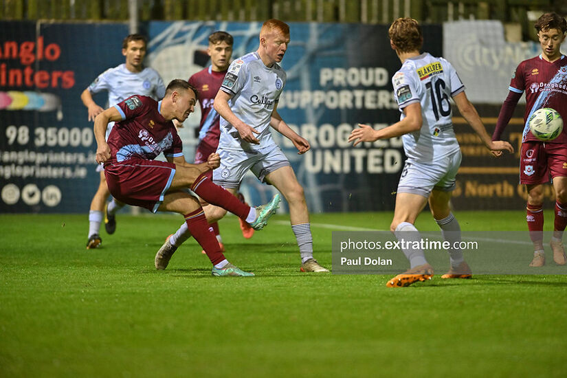 Dayle Rooney gets a shot in against Shelbourne earlier this month when lining out for Drogheda United