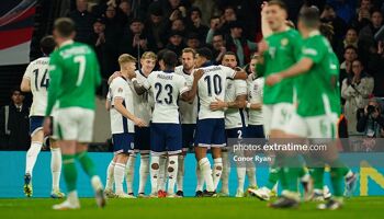 England celebrate one of their five second half goals against Ireland at Wembley on 17 November 2024