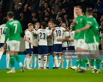 England celebrate one of their five second half goals against Ireland at Wembley on 17 November 2024