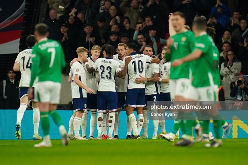 England celebrate one of their five second half goals against Ireland at Wembley on 17 November 2024