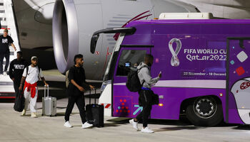 The United States national team board shuttle bus as they arrive at Hamad International Airport on November 10, 2022 in Doha