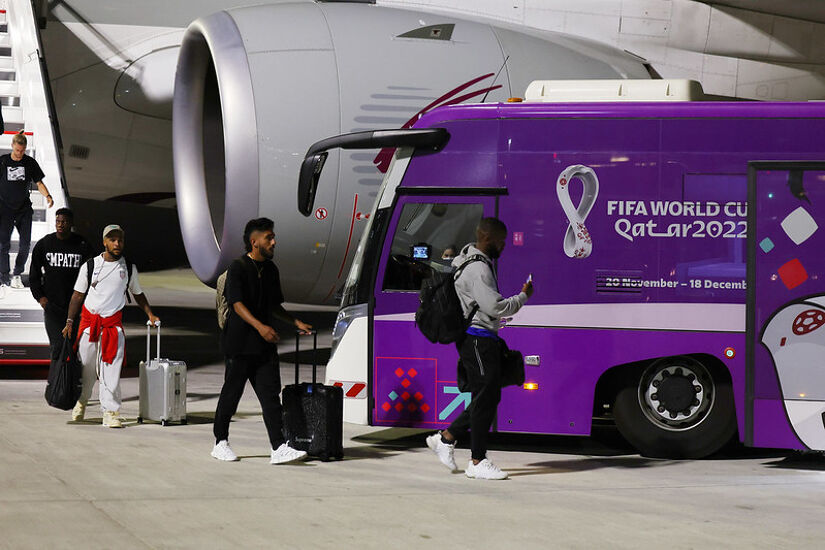 The United States national team board shuttle bus as they arrive at Hamad International Airport on November 10, 2022 in Doha