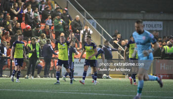 Shelbourne celebrate after scoring the goal that clinched the Premier Division title at the Ryan McBride Brandywell.