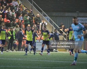 Shelbourne celebrate after scoring the goal that clinched the Premier Division title at the Ryan McBride Brandywell.