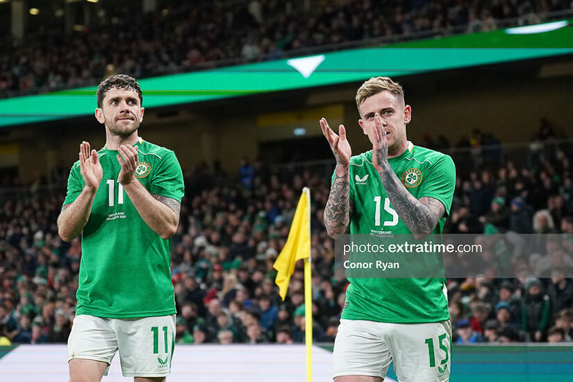 Robbie Brady and Sammie Szmodics of Republic of Ireland applaud the crowd as they leave the field of play after been substituted during an international friendly match between ROI v Switzerland.