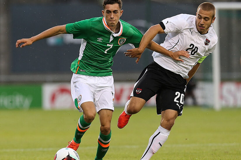 Corey O'Keeffe playing for Ireland against Austria