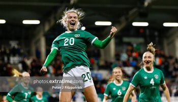 Saoirse Noonan celebrating with Louise Quinn (right) after scoring against Georgia last year