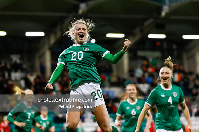 Saoirse Noonan celebrating with Louise Quinn (right) after scoring against Georgia last year