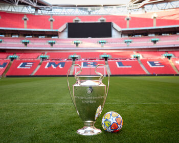 A view of the UEFA Champions League trophy and 2024 Final match ball at Wembley Stadium