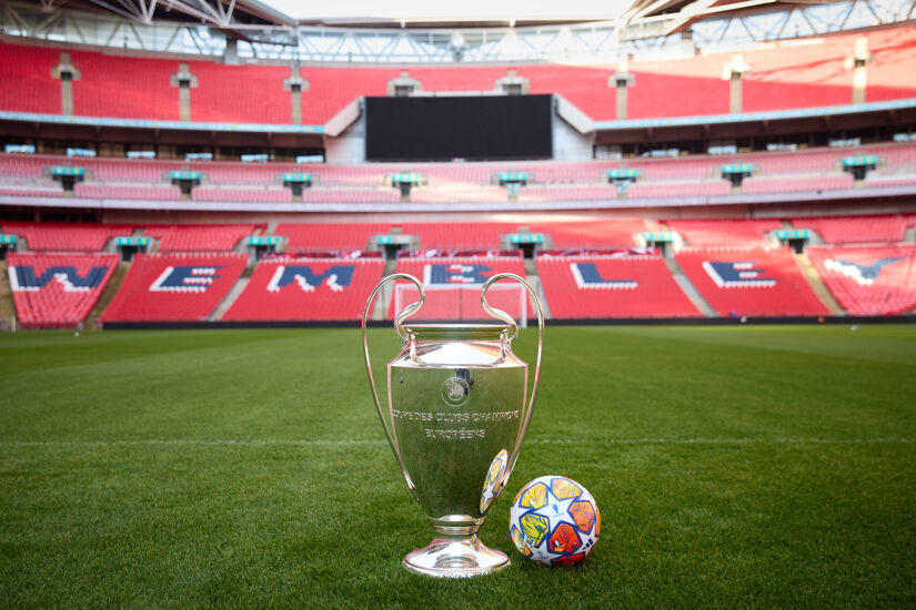 A view of the UEFA Champions League trophy and 2024 Final match ball at Wembley Stadium