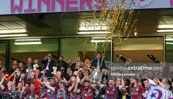 Drogheda United lift the FAI Cup after their 2-0 win over Derry City in the 2024 final