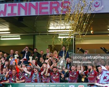 Drogheda United lift the FAI Cup after their 2-0 win over Derry City in the 2024 final