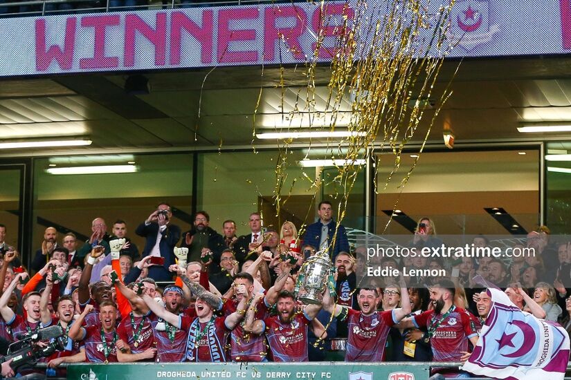 Drogheda United lift the FAI Cup after their 2-0 win over Derry City in the 2024 final