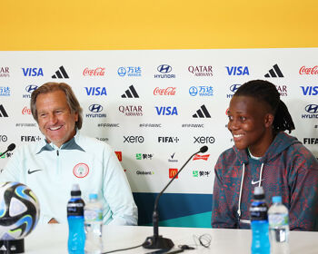 Randy Waldrum, Head Coach of Nigeria, and Chiamaka Nnadozie of Nigeria speaks to the media in the post match press conference