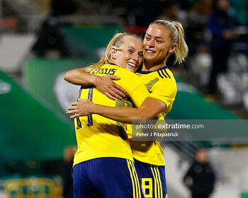 Stina Blackstenius of Sweden celebrates scoring the opening goal with Fridolina Rolfö of Sweden