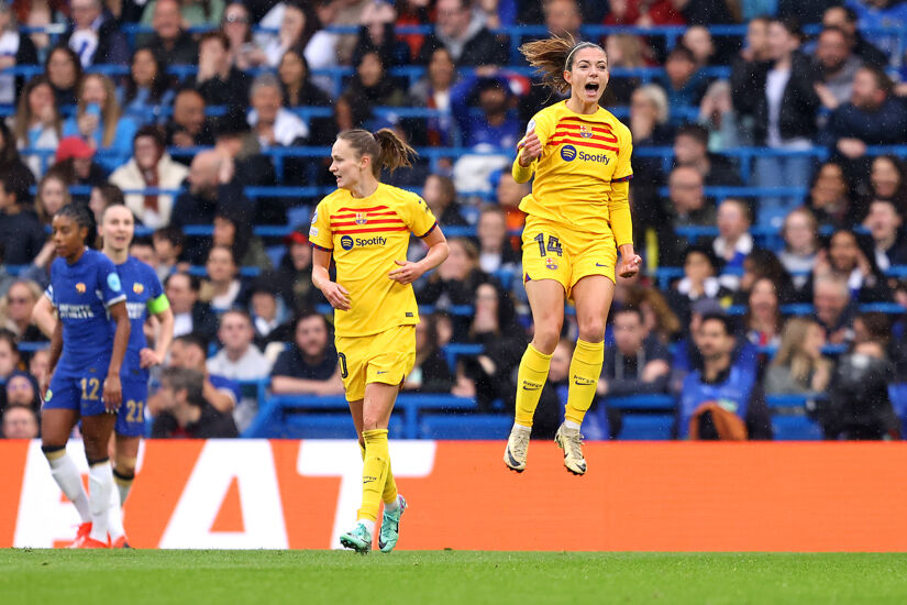 Aitana Bonmati of FC Barcelona celebrates scoring her team's first goal during the UEFA Women's Champions League 2023/24 semi-final second leg match between Chelsea FC and FC Barcelona at Stamford Bridge on April 27, 2024