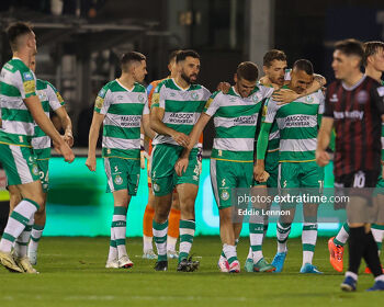 Shamrock Rovers celebrate Graham Burke's winner against Bohs in Tallaght on 23 September