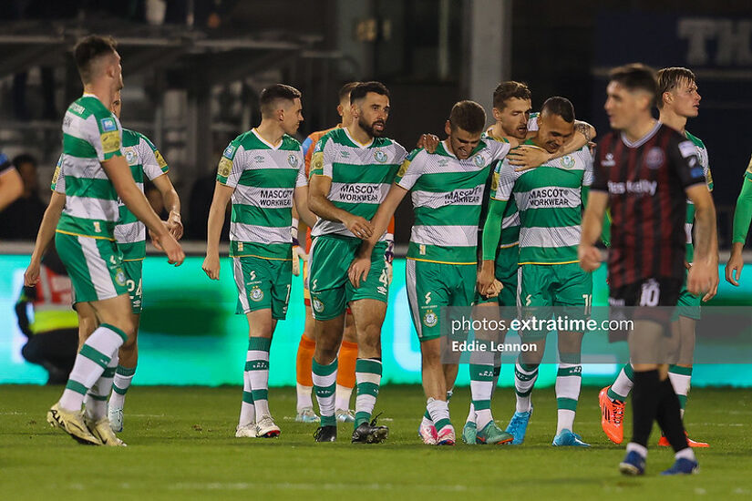 Shamrock Rovers celebrate Graham Burke's winner against Bohs in Tallaght on 23 September