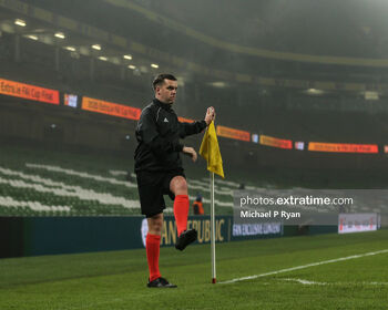 Referee Robert Harvey goes through his warm up ahead of the 2020 FAI Cup Final that he took charge of at the Aviva Stadium in December 2020