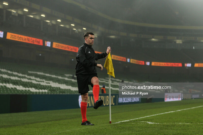 Referee Robert Harvey goes through his warm up ahead of the 2020 FAI Cup Final that he took charge of at the Aviva Stadium in December 2020