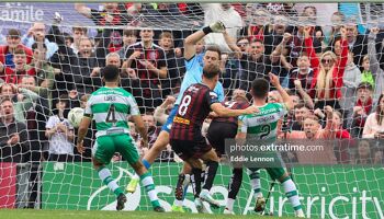 Filip Pizzcek (9) with the winner for Bohs in the Dublin Derby at Dalymount Park against Shamrock Rovers last weekend